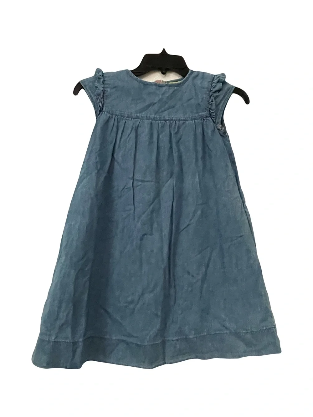 Mini Boden Denim-Effect Ruffle Cap Sleeve Dress - Blue